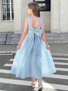 Serisse Kids 少女休闲优雅露背大蝴蝶结装饰无袖连衣裙，适合花童、毕业典礼、公主裙、生日派对、圣诞节、新年等场合。 - 藍色 - 查看 3