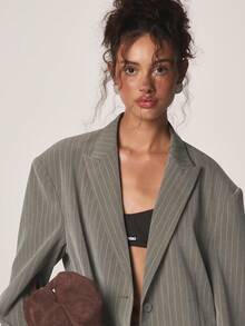MISSGUIDED Oversized Pinstripe Blazer With Classic Lapels And Button Closure For Office Business Professional Work Formal Occasions Fall Winter Autumn - Grey - View 4