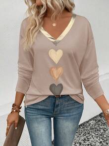 EMERY ROSE V-Neck Long Sleeve Casual Fashion Heart Print Gold PU Collar Women T-Shirt - Multicolor - View 6