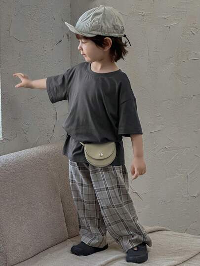 DAZY Young Boy Solid Color Round Neck Drop Shoulder T-Shirt And Plaid Long Pants Casual Outfit Spring