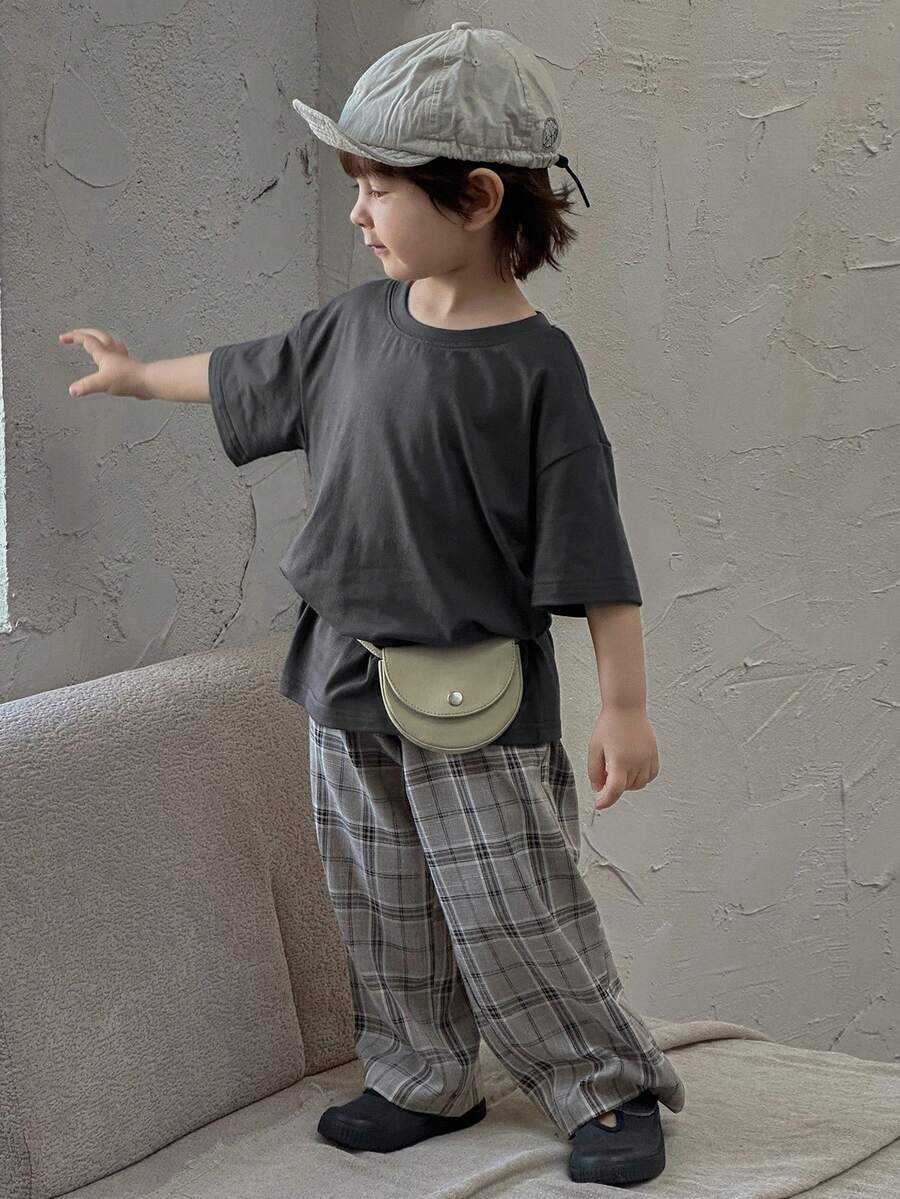 DAZY 男童纯色圆领落肩T恤搭配格子长裤，休闲春季穿搭 - 灰色 - 查看 1
