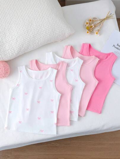 SHEIN Set de 5 camisetas interiores de niña de color blanco sólido, elegantes, lindas, con ribete de encaje y cómodas de moda