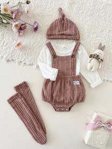 4pcs/Set Baby Girl Newborn 0-3T White,Summer,Basic,Cute,Matching Family Textured Ribbed Crew Neck Long Sleeve Bodysuit,Bib Overalls,Shorts,Hat&Tights - Multicolor - View 4