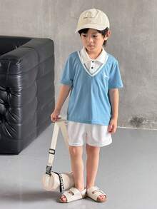 SHEIN 2 Pieces Set Of Young Boys Boys' Casual Sportswear Includes A Cute Little Dinosaur-Patterned 2 In 1 Polo Shirt And Shorts Set, Suitable For Kids' Outfits, Young Boy Clothes, Back To School Boys Set, Suitable For Birthday Parties, Evening Events, Performances, Weddings, Baptisms, And School Commencements. It Is Suitable For Daily Wear, School, Travel, Sports, And Spring And Summer Seasons. - Dusty Blue - View 9