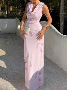 Cévolie Women's Long Floral Print Vacation Dress, Pink - Pink - View 4