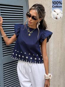 Serisse 女士夏季度假休闲100%纯棉花卉刺绣荷叶边下摆衬衫，撞色刺绣花卉衬衫，飘逸袖子，适合度假和外出，刺绣上衣，网纱抹胸上衣，刺绣上衣，沙滩度假装，波西米亚风上衣，外出上衣，女士休闲，夏季，嘉年华女装，2026年夏季假日 - 彩色 - 查看 7