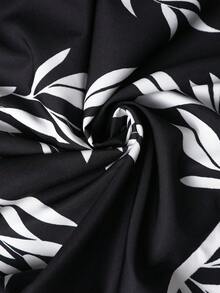Rometta Plus Size Elegant Leaf Print Waist Cinched Dress, Summer Black And White Leaf Print Dress Black And White Floral Dress Vintage Style Dress Black And White Dress Women - Black - View 7