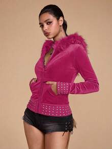 ROMWE Grunge Punk SpringValentine's DayY2K Style Velvet Zip-Up Sweatshirt With Rhinestone Decor, Fitted For Women - Pink - View 5