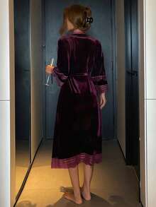 DAZY Women's Loose Fit Long Velvet & Lace Patchwork Robe, Autumn/Winter - Burgundy - View 2