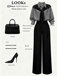 SHEIN Clasi Bộ đồ 2 món cỡ lớn: Áo sơ mi kẻ sọc phối màu thường ngày + Quần dài đơn giản. - Đen và trắng - Xem 1