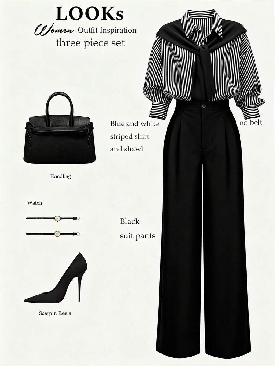 SHEIN Clasi Bộ đồ 2 món cỡ lớn: Áo sơ mi kẻ sọc phối màu thường ngày + Quần dài đơn giản. - Đen và trắng - Xem 1