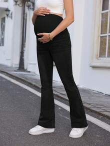 SHEIN Maternity Elastic Waist Denim Skinny Flare Jeans, Blue, Summer Boho Thin Denim Bell-Bottoms - Black - View 5
