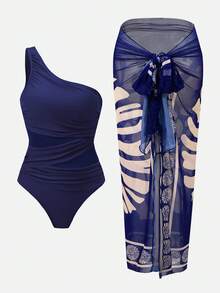 Swim Oasis Traje de baño de una pieza con pliegues de unicolor con cubierta y falda estampada para mujer, perfecto para vacaciones - Azul Marino - Ver 7