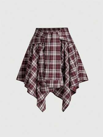 Grunge Punk Damen Grunge Vintage Kariert Asymmetrischer Layered Rock mit Schnürung