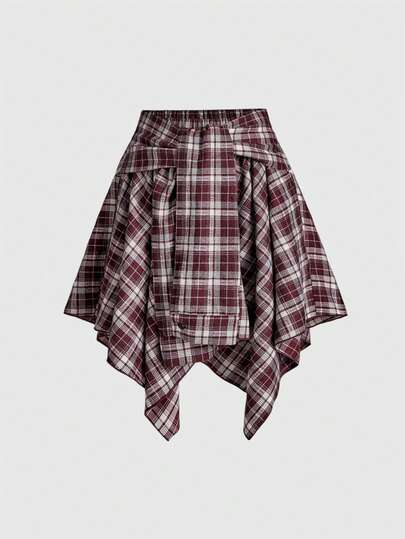 Grunge Punk Falda asimétrica de mujer con capas, estilo grunge vintage, a cuadros y con cordones