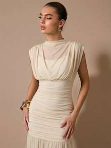 SHEIN BAE 黑色披肩式优雅薄纱褶皱连衣裙，适合浪漫约会、派对、正式聚会、伴娘礼服、女士夏季连衣裙、下午茶会连衣裙、新年、情人节、生日迷你连衣裙、黑色长裙 - 杏色 - 查看 7