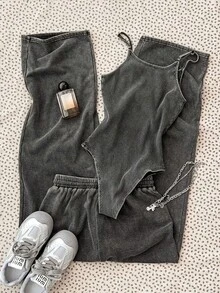 SHEIN Tween Girl Ribbed Jumpsuit And Drawstring Waist Wide Leg Pants Casual Outfit - Grey - View 2