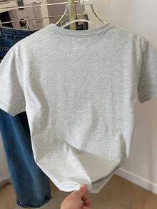 Resyla Women's Casual Loose Fit T-Shirt With Minimalist Gray, Cat And Letter Embroidery, Versatile Daily Wear - Light Grey - View 2