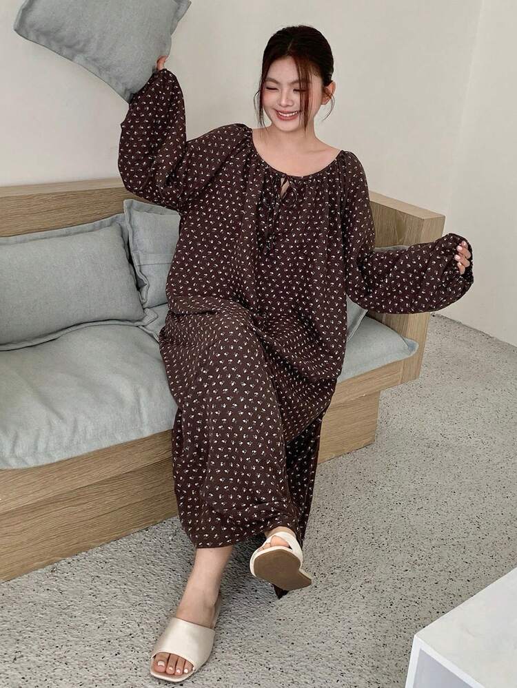Dazy Plus Ditsy Floral Drawstring Lantern Sleeve Loose Fit Long Nightgown, Spring/Summer Home Wear