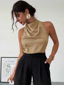 Firerie 春夏新款优雅休闲通勤复古现代不规则领无袖露背蝴蝶结装饰修身黑色通勤衬衫 - 卡其色 - 查看 9