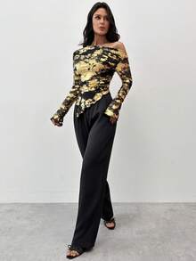 Firerie 女士时尚斜肩长袖修身褶皱吊带背心 - 金色 - 查看 9