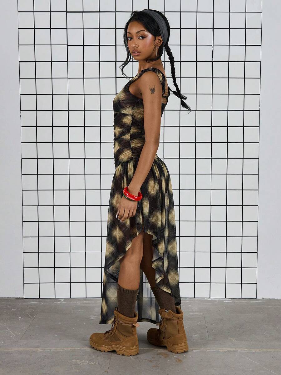 COUREZ Vestido midi de malla con volantes a cuadros / Ropa de primavera Y2K para mujeres - Multicolor - Ver 1