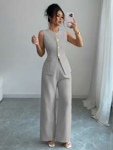 Selianne 女士优雅花卉纽扣装饰休闲/通勤套装 - 淺灰色 - 查看 4