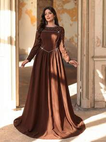 Aureia Plus Size Elegant & Dark Brown Spring Round Neck Crystal & Pearl Embellished A-Line Dress,Formal Party Wedding Evening Gown,Formal Occasion - Brown - View 4