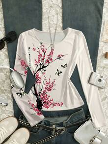 Glimmora Áo thun dài tay họa tiết hoa thường ngày dành cho nữ, mùa thu - trắng - Xem 2