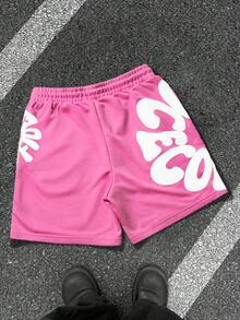 SLATEMANN Men's Casual Letter Print Drawstring Waist Shorts, Summer - Pink - View 2