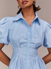 COSMINA Shirt Collar Puff Sleeve Dress, Blue Striped Dress, Puff Hem Design, Ruffle Detail, Cute Ladies Dress, Elegant Dress, Summer Mini Dress For Women - Blue and White - View 2