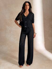 EURMUSE Black Crochet Button Front Crop Cardigan & Knit Hollow Out Pant Beachwear Cover Up Set - Black - View 3