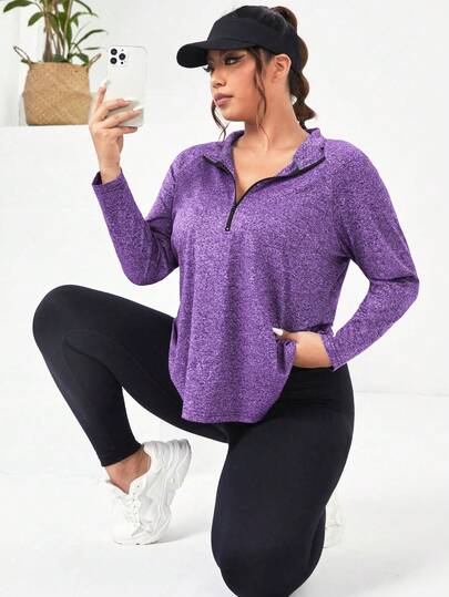Easithlete Plus Size Casual Zip-Up Half-Placket Raglan Sleeve Sports T-Shirt, Autumn