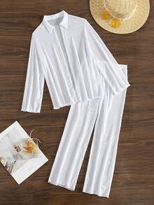 Swim Lushoire Summer Beach 2pcs/Set Solid Color Long Sleeve Top, Long Pants Cover Up Set - White - View 4