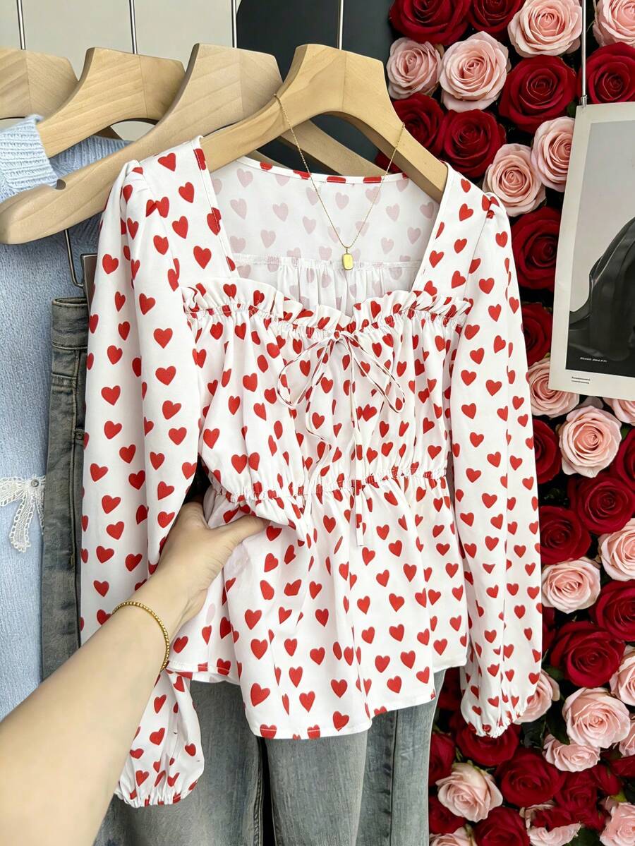 SHEIN Unity Women's Heart Print Lantern Sleeve Front Tie Blouse,Elegant White And Red Spring Autumn Cute Tops For Vacation,Valentine's Day And Tea Party Blouses