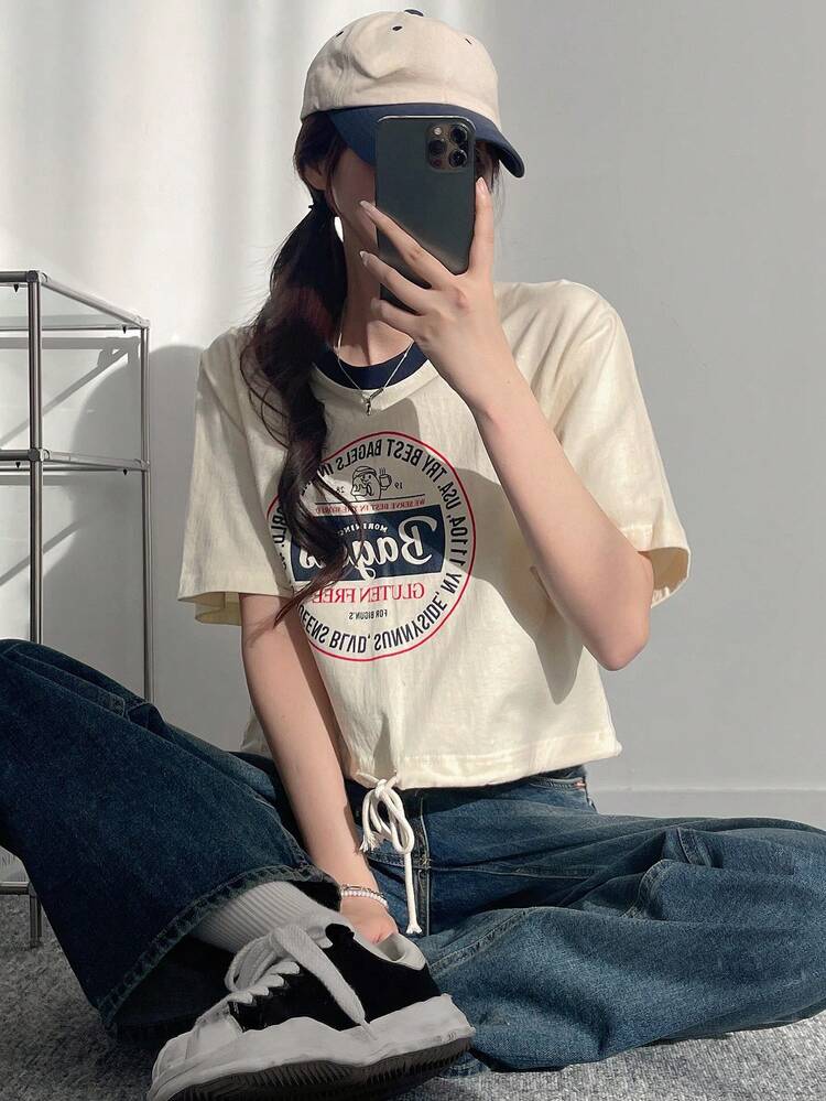 Women Loose Fit Color Block Printed Waist Tie T-Shirt Graphic Tee