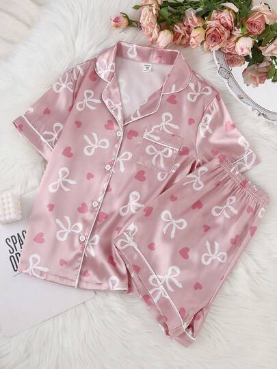 女童蝴蝶结条纹缎面滚边撞色短袖短裤开衫睡衣套装，时尚翻领休闲家居服