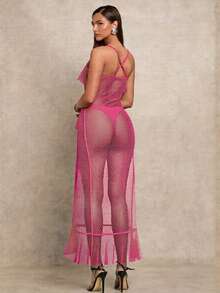 Glamine 女士优雅性感网纱波点吊带荷叶边薄纱连衣裙 - 玫紅色 - 查看 2