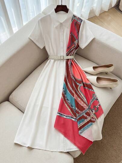 GlowEve 女士绳纹印花拼接短袖单排扣休闲衬衫裙