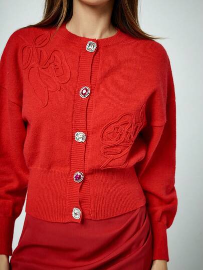 Maija 2026SS Rose Floral Jacquard Metallic Button Front Cardigan, Red Party Evening Wear For Women, Summer Outfits , Summer Sweater, Spring Break Outfits, Spring Clothing, Valentine Outfits For Women , Valentines Day, Valentine's Day Outfit , Beach Outfit For Women, Elegant Party Sweater, Weddings & Events, Elegant Women's Blouses, Holiday Outfits For Women, Vacation Outfits For Women, Unique Metal Buckle, Leg Of Mutton Sleeves