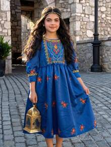 Girl's Blue Floral Retro Embroidered Mid-Length Dress,Autumn Elegant Wedding Guest Satin A-Line Gown With Puffed Sleeves And Gold Trim Decoration - Blue - View 3