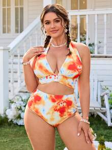 Swim Mod 大码泳衣套装，水彩印花可爱甜美三件套女式泳装 - 彩色 - 查看 3