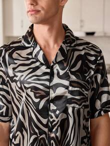 CoupledUp Zebra Print Faux Silk Short Sleeve Shorts Men Pajama Set - Multicolor - View 5