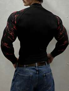GymBeat Men's Gothic Style Printed Stand Collar Long Sleeve Sports T-Shirt - Black - View 3