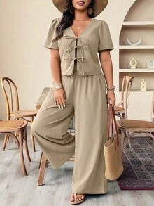 大码纯色V领插肩短袖系带宽松镂空两件套 - 杏色 - 查看 3