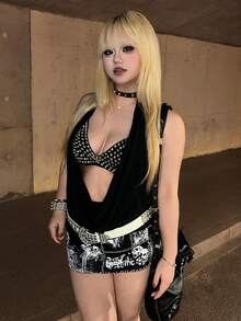 ROMWE Grunge Punk Spring/Summer  2pcs/Set Sexy Dark PUNK Rivet Patchwork Plus Size Women Crop Top Bra + Outerwear Valentine's Day - Black - View 7