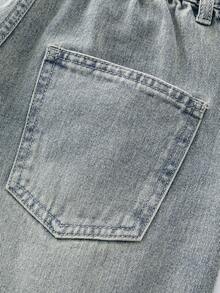 SHEIN Tween Girls' Casual Daily Urban Street Preppy Light Wash Gothic Dark Cross Print Denim Bermuda Shorts, Elastic Waist, Button Closure - Blue - View 8