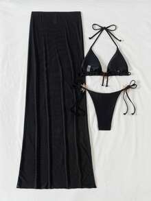 Swim Vcay 3pcs Set Women Solid Triangle Wireless Halter Top, Tie Side Swim Bottom Bikini Set And Mesh Cover-Up Skirt, Summer Beach Holiday Swimwear Ibiza Outfit - Black - View 2