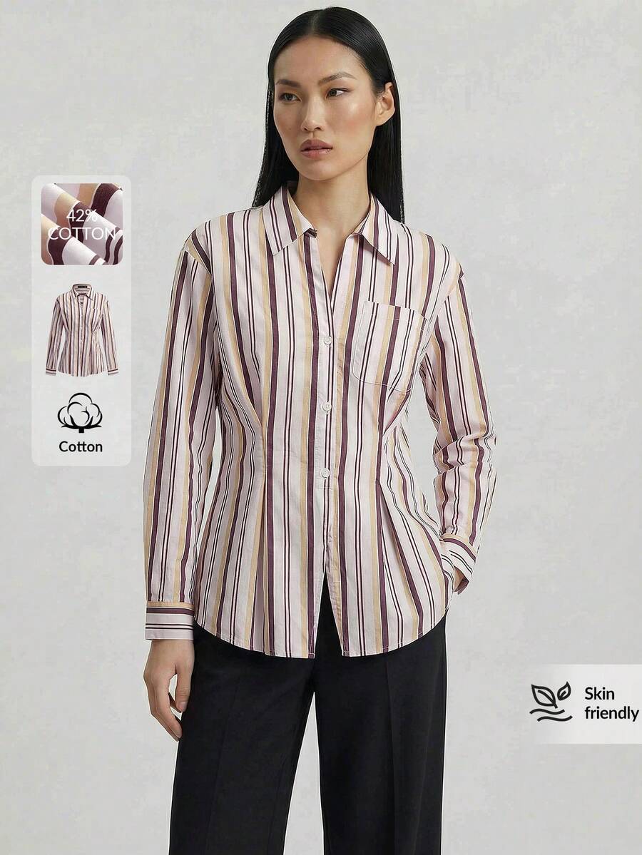 Ontre 2026 Chemise Femme Printemps/Été, Tissu Tissé à Rayures, Style Décontracté Chic de Bureau, Design Taille en Tissu Rayé Rose, Col Châle Manche Longue Devant Plaquette Urbain Minimaliste Élégant Style Rétro, Blouse Femme Polyvalente à la Mode - Rose bonbon - Voir 1