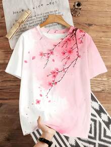 Manfinity Joysei 男士圆领短袖休闲时尚樱花T恤，夏季 - 粉色 - 查看 1